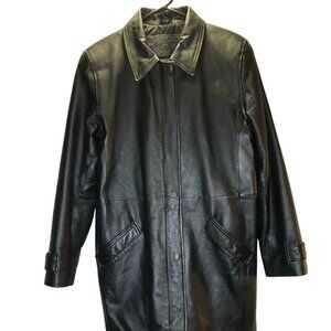 Jacqueline Ferrar Womens Black Leather Jacket Small Button Front Coat Pockets Li